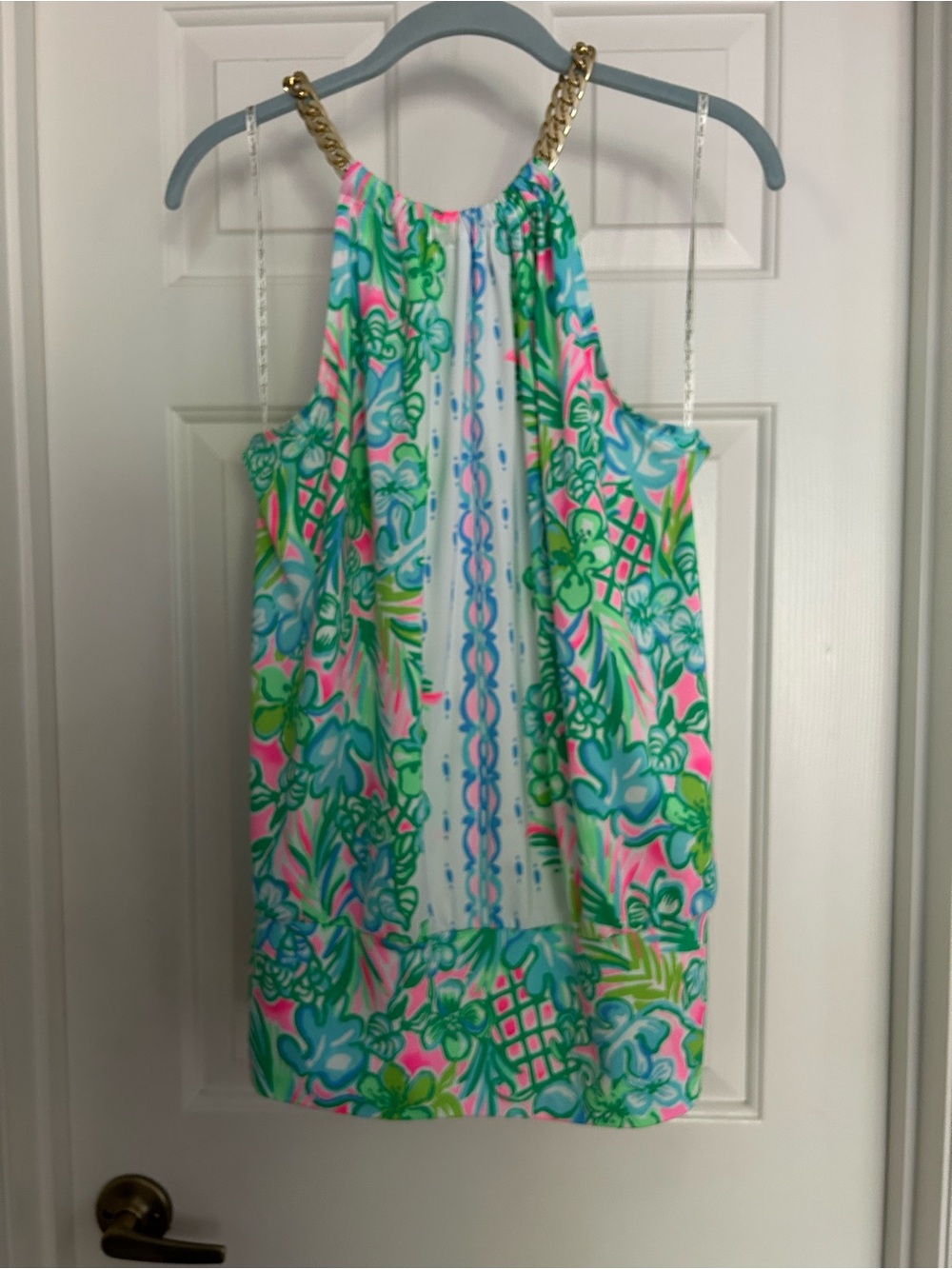 Lilly Pulitzer Neon Floral Halter Tank with Gold Chain Straps